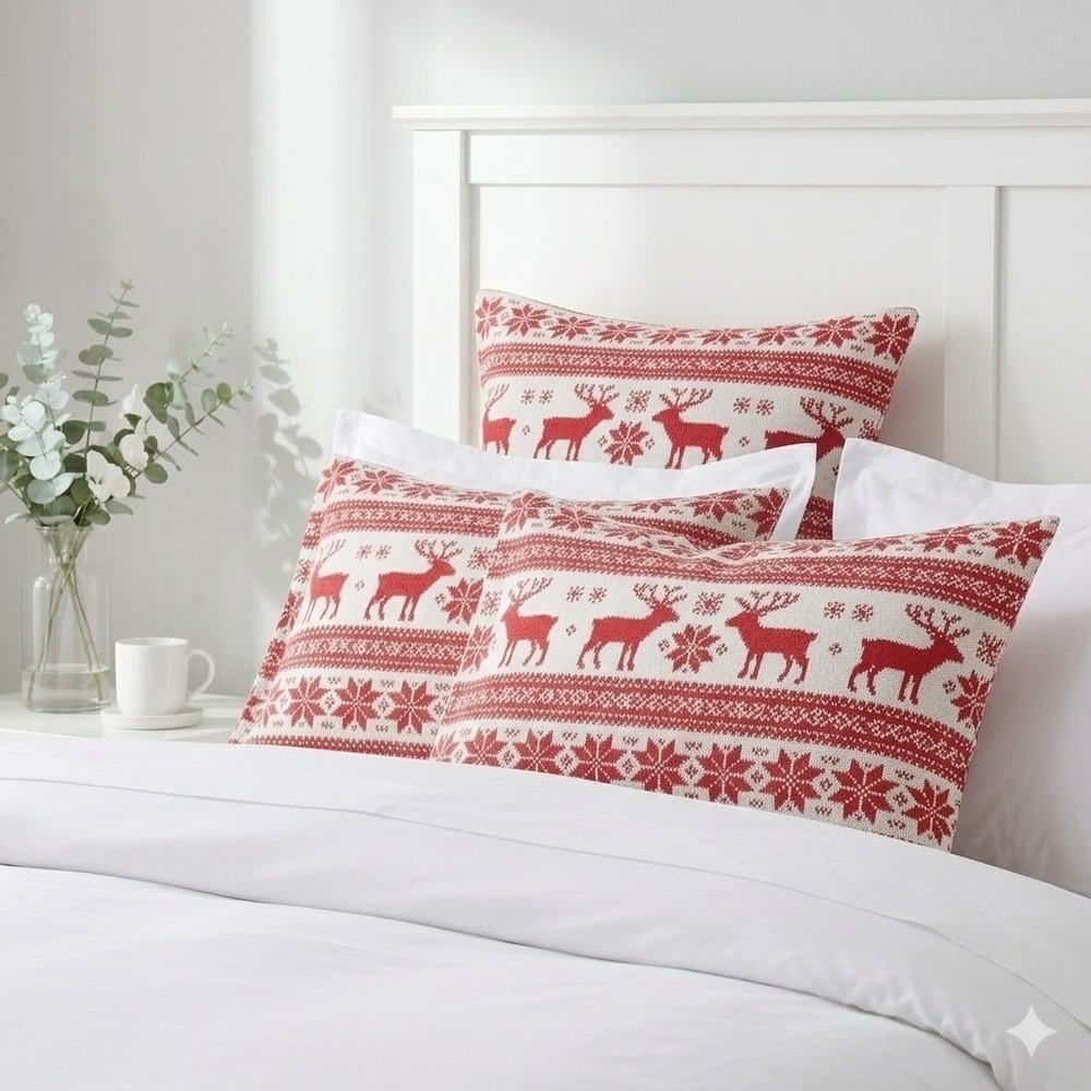 Eddie Bauer Home Flannel Pillowcases Red‎ White Reindeer Fair Isle Set of 3